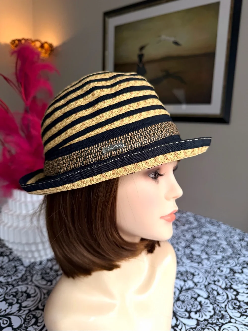 Calvin Klein Black Tan Striped Woven Fedora Hat